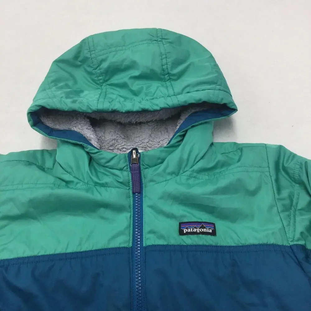 Patagonia Jacket Youth 10 Green Blue Hooded Fleece Lined Puffer Winter Insulated